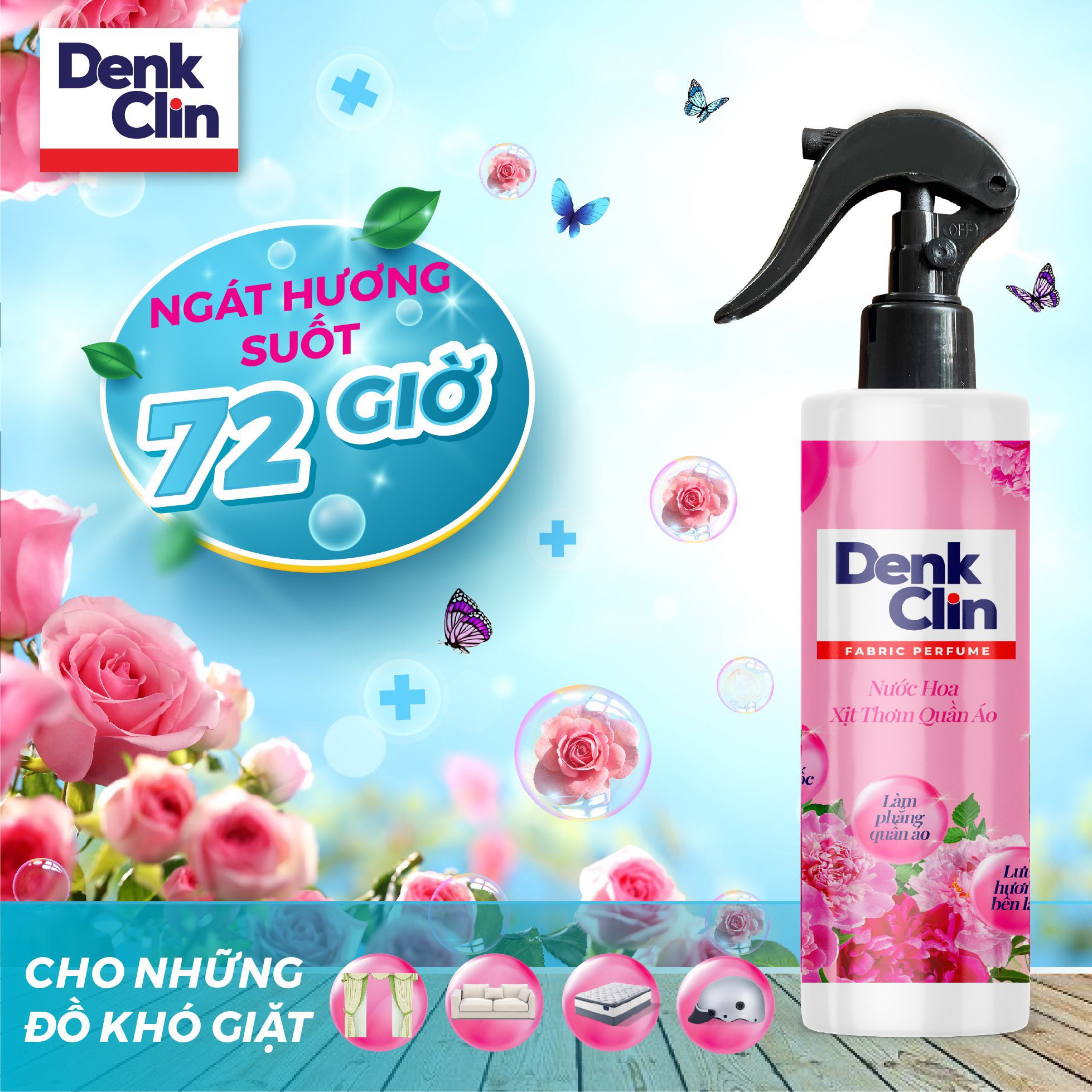 Xả vải khô nước hoa xịt thơm quần áo Denkclin 200ml lưu hương 48h làm mềm vải diệt khuẩn 99.9%