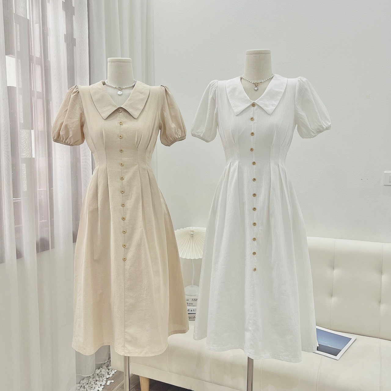 Đầm midi phối cúc cột nơ lưng tiểu thư