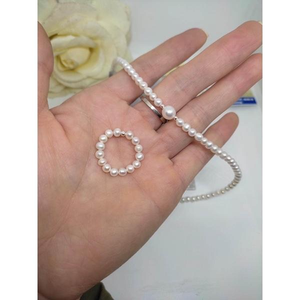 Bộ Chuỗi Đeo Cổ Choker Và Nhẫn Ngọc Trai Nước Ngọt 3ly Mix Bi Bạc Ta Trắng, Bộ Ngọc Trai Thật Sang Trọng - Trường Thịnh Ngọc Trai