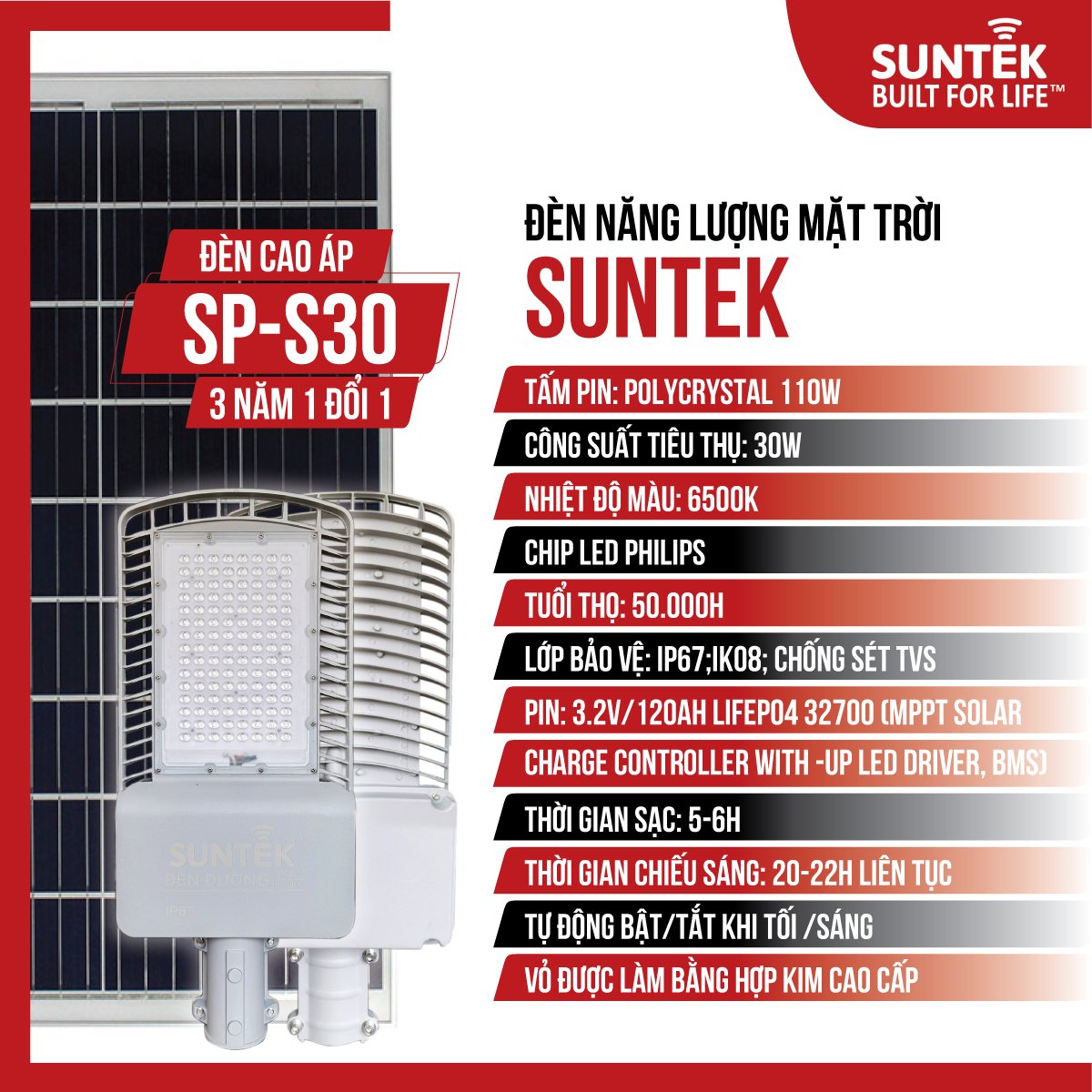 Đèn Đường Cao Áp Năng Lượng Mặt Trời SUNTEK SP-S30 Solar Street Light - Chip Led Nhập Khẩu Siêu Sáng, Hoạt động 22 giờ liên tục, Tự động Bật/Tắt, Chống Nước/Bụi/Sét