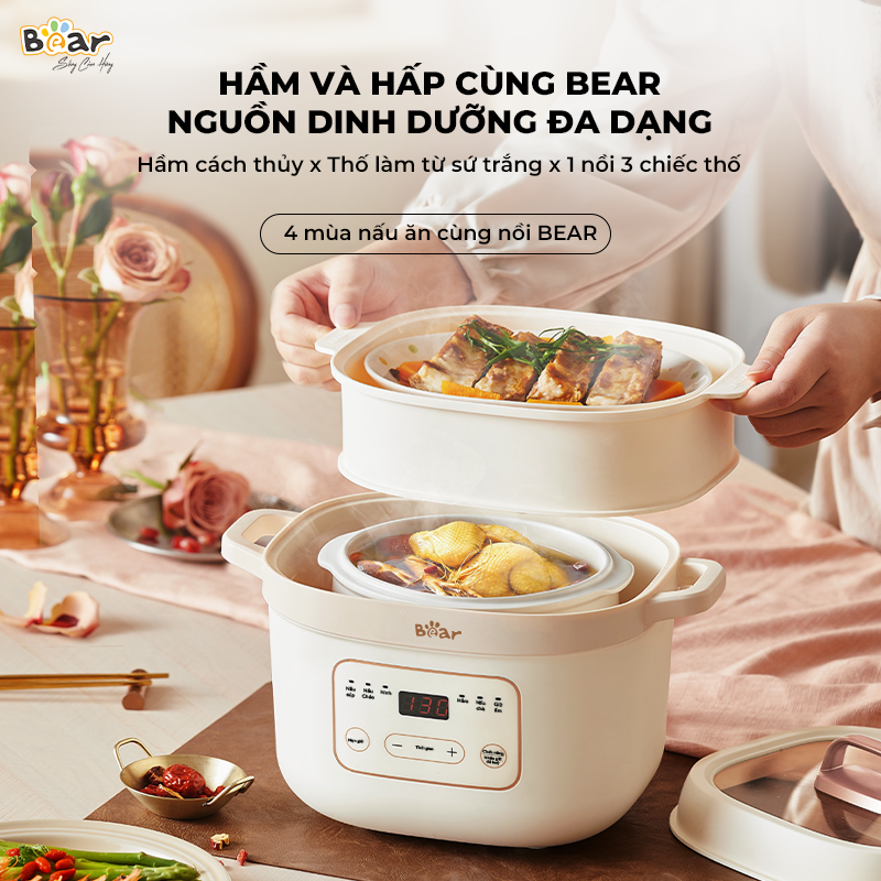 Nồi Nấu Chậm Bear 1,6L Đa Năng 6 Chế Độ Ninh Nấu Hầm Hấp Tiết Kiệm Thời Gian Giữ Trọn Chất Dinh Dưỡng - SB-NNC16 Hàng chính hãng