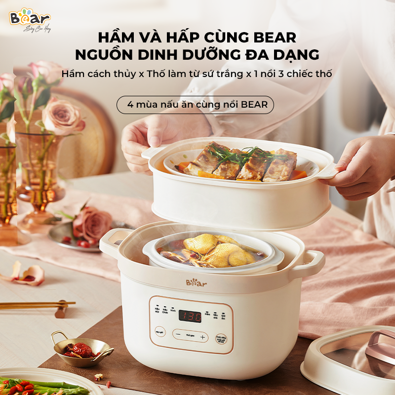 Nồi Nấu Chậm Bear 1,6L Đa Năng 6 Chế Độ Ninh Nấu Hầm Hấp Tiết Kiệm Thời Gian Giữ Trọn Chất Dinh Dưỡng -  SB-NNC16 Hàng chính hãng