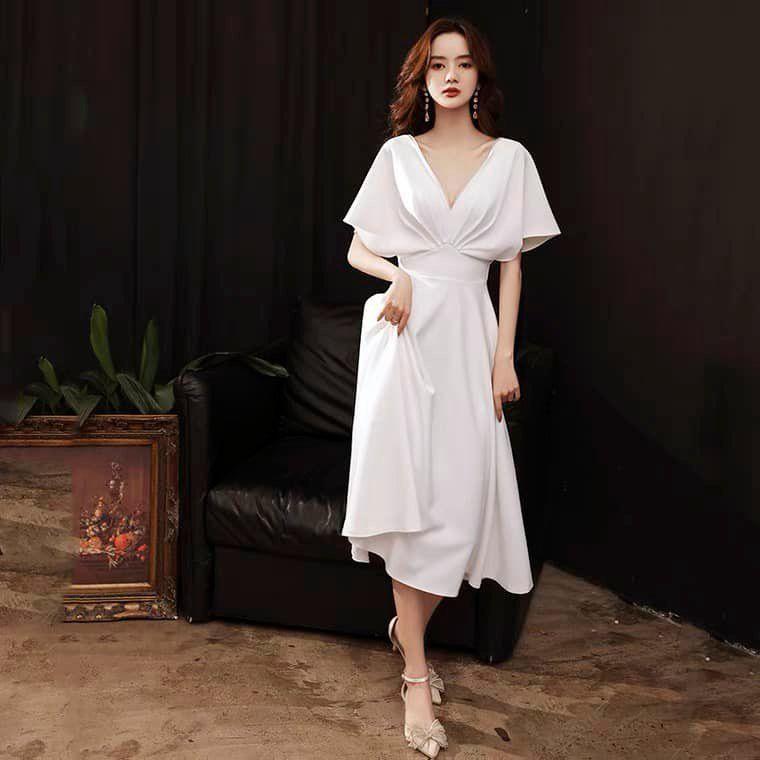 ĐẦM ĐI TIỆC CỔ V TAY LOA NHÚN NGỰC SANG TRỌNG, QUÝ PHÁI