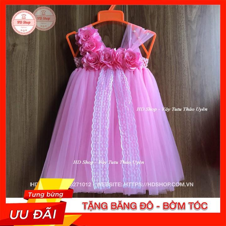 Đầm công chúa ️Đầm công chúa hồng phấn 6 bông hoa hồng ren cho bé gái