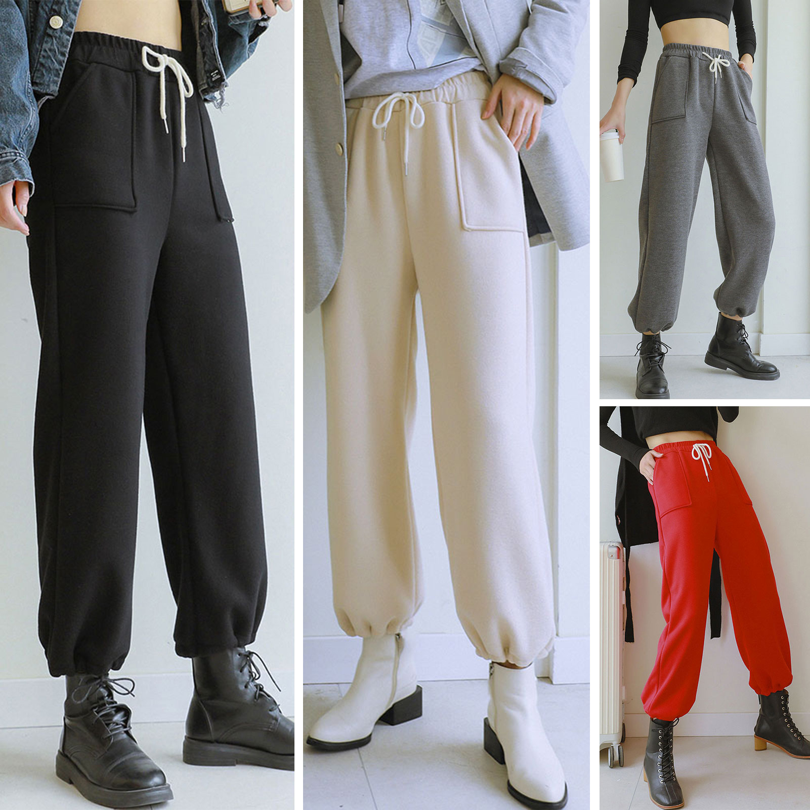 Women Winter Warm Pants Knitted Fleece Inside High Waist Drawstring Pockets Elastic Hem Harem Pants Loose Fit Casual
