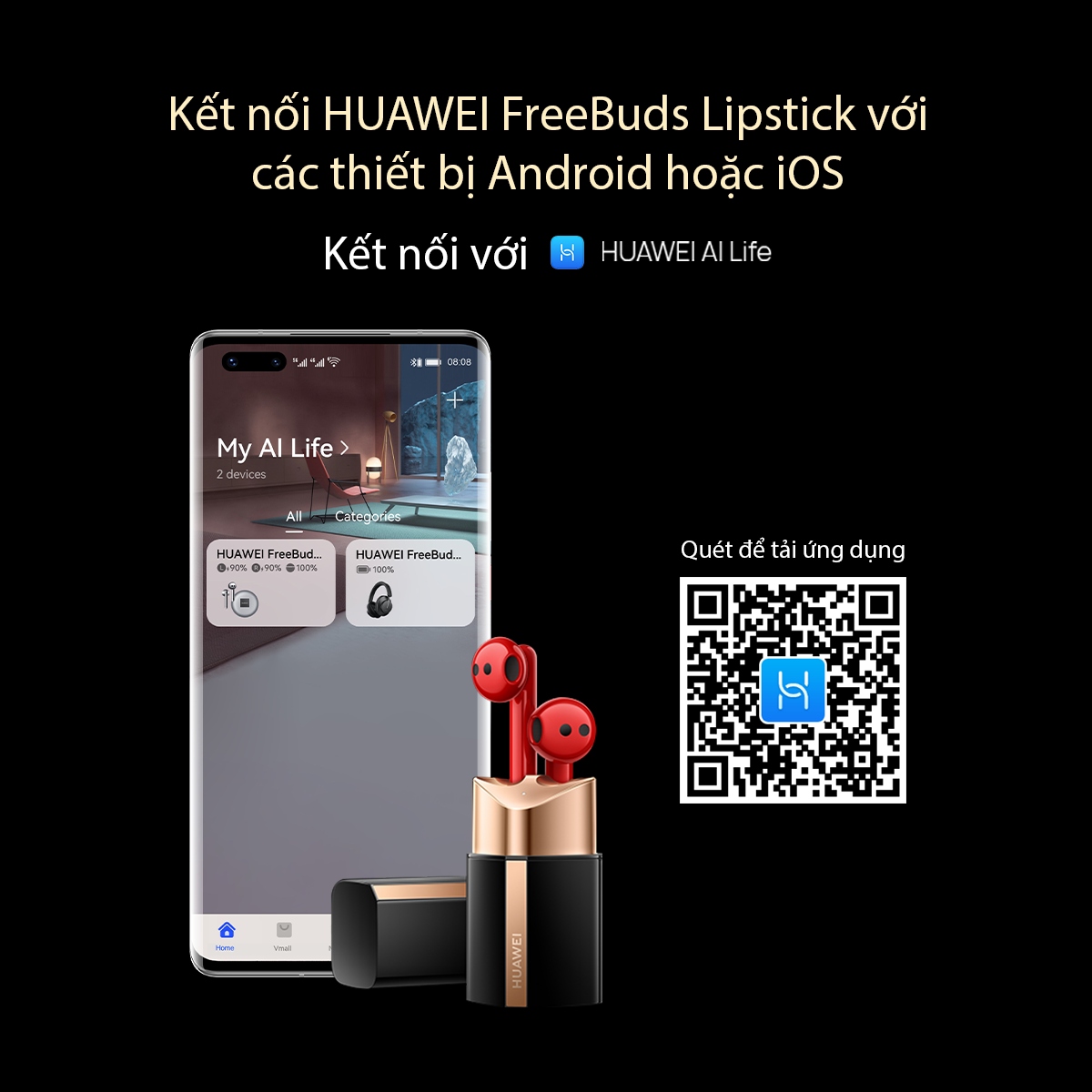 Tai Nghe Không Dây HUAWEI FreeBuds Lipstick | Âm Thanh Độ Phân Giải Cao | Nhẹ Như Không | Chống Ồn Chủ Động Thiết Kế Mở 2.0 | Hàng Chính Hãng