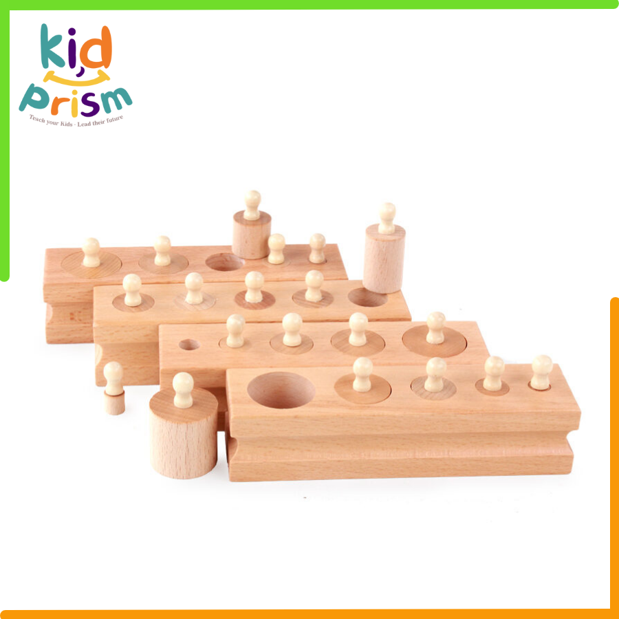 Giáo cụ Montessori - Khối trụ có núm bằng gỗ giúp trẻ phát triển cảm quan