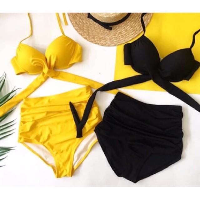 Set bikini, 2 mảnh gọng nâng ngực chéo mix quần nhún lưng cao vàng