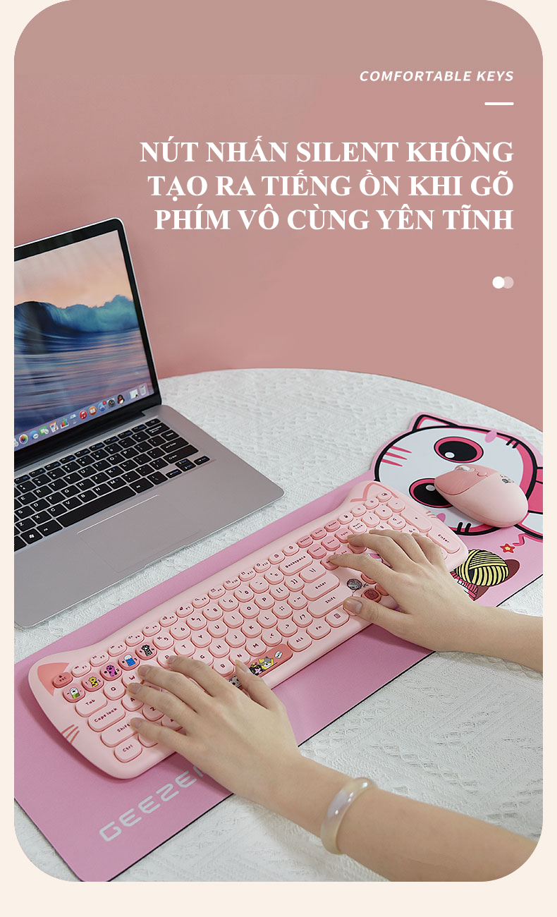 Bộ bàn phím và chuột không dây MOFII KITTY PLUS full size 104 phím với hình dáng tai mèo dễ thương kết nối bằng chip USB - HÀNG CHÍNH HÃNG