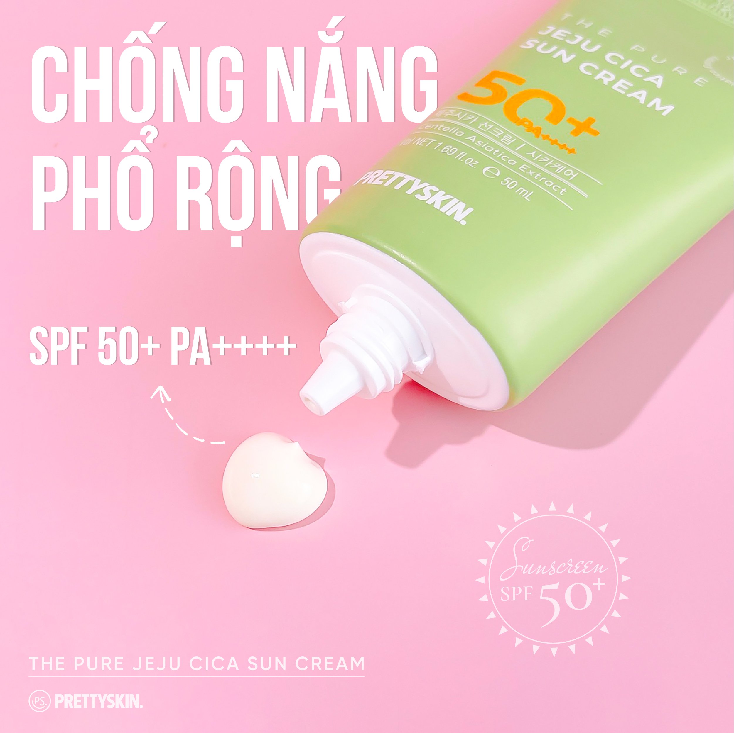 Kem Chống Nắng Rau Má Không Lo Bết Dính Jeju Cica Pretty Skin SPF50+ PA++++ 50ml Cho Da Dầu, Nhạy Cảm tặng móc khóa