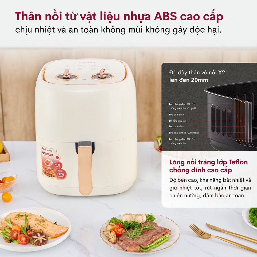 Nồi chiên không dầu 6.5L nhập khẩu Nhật Bản Fujihome A6W tự ngắt an toàn chống dính cao cấp - hàng chính hãng