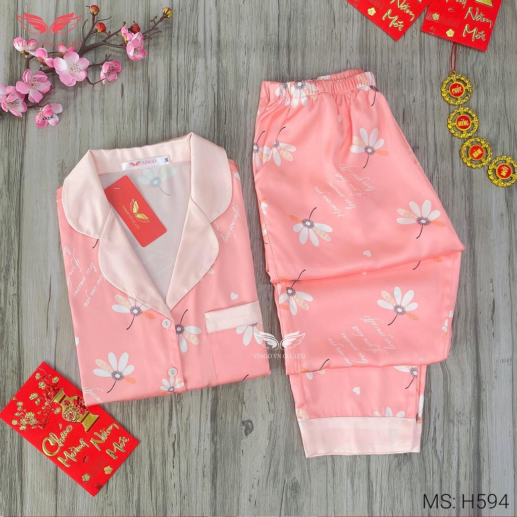 Đồ bộ ngủ nữ pijama mặc nhà VINGO Lụa Pháp mềm mịn cao cấp tay dài quần dài họa tiết hoa trắng mùa Đông H594 VNGO