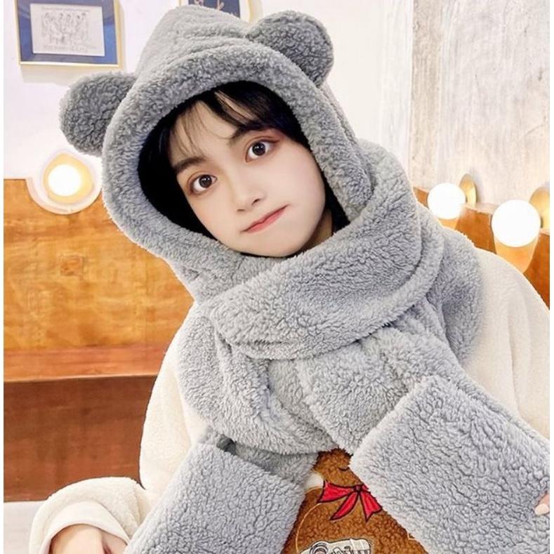 Mũ lông cừu tai gấu kèm khăn quàng cổ và găng tay ấm áp Hàn Quốc cho nữ mùa thu đông - Xinh Xinh