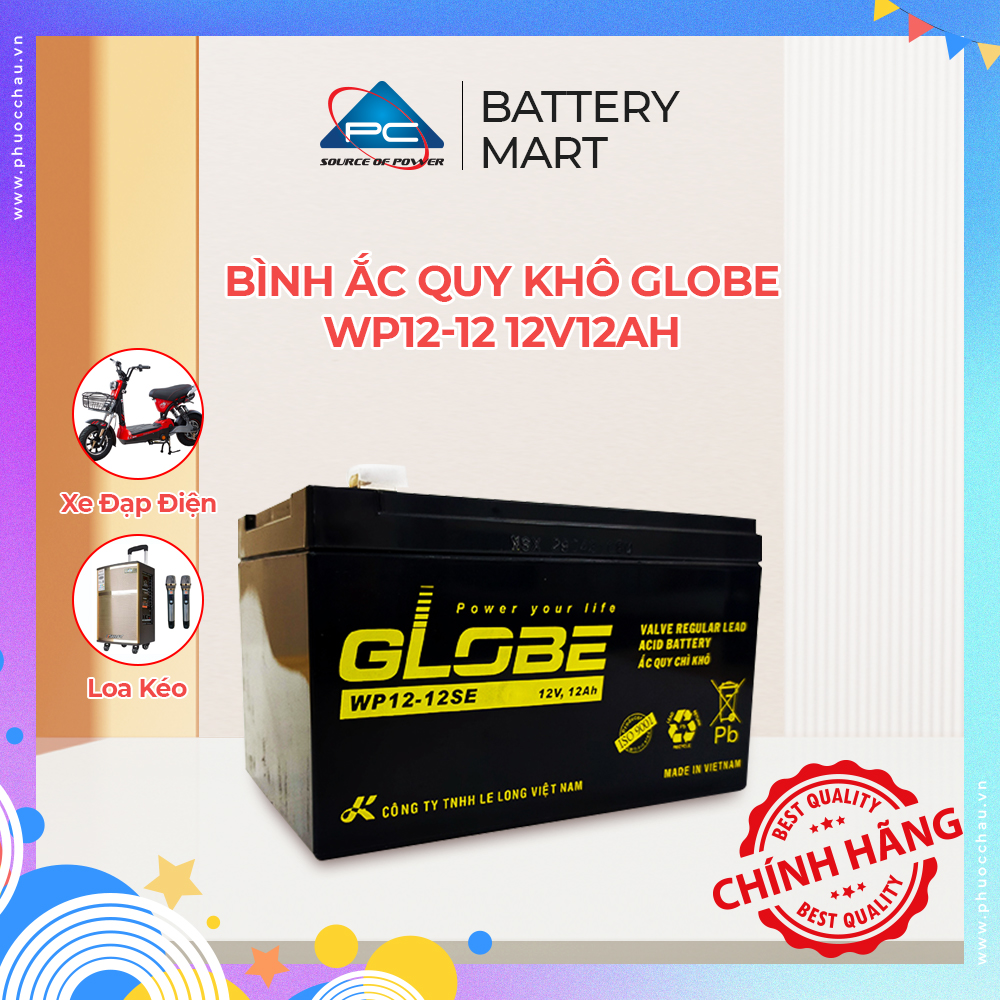 Bình Ắc Quy Khô Globe WP12-12 12V12AH, Dùng Cho Loa Kéo, Bình Phun Thuốc, UPS, Xe Đạp Điện