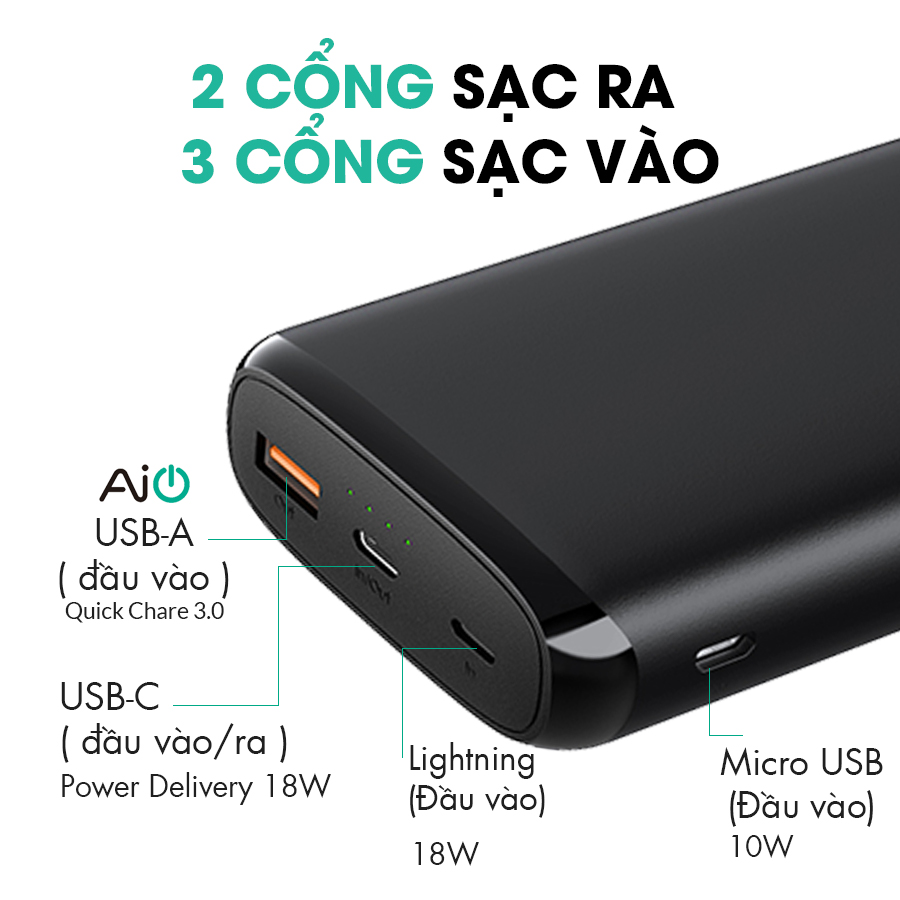 Pin Sạc Dự Phòng 20000mAh AUKEY PB-Y23 1 Cổng Sạc Nhanh QC 3.0, 1 Cổng Type C Power Delivery 18W, Hỗ Trợ Sạc Vào Bằng Cổng Lighting - Hàng Chính Hãng