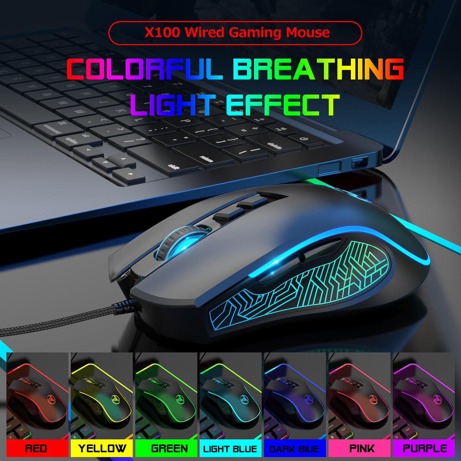 HXSJ X100 Wired Gaming Mouse Ergonomic Gaming Office Mouse 7-color Breathing Light Effect 4-gear Adjustable DPI