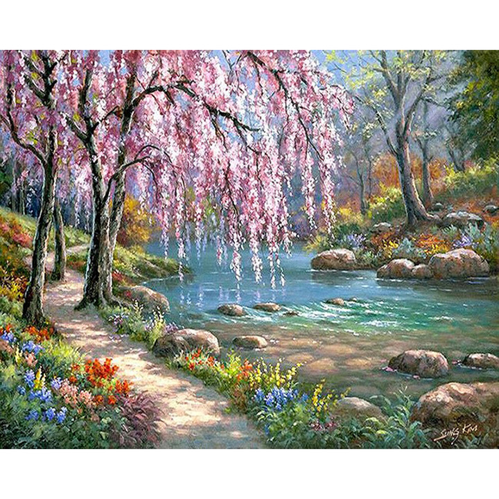 Tranh sơn dầu số hoá tự vẽ  - Rừng xuân 276 - có khung 40x50 cm