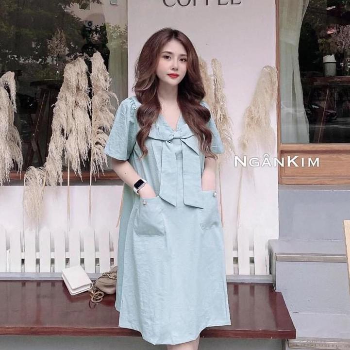 Váy suông thắt nơ có 2 túi chất đũi lạ mắt