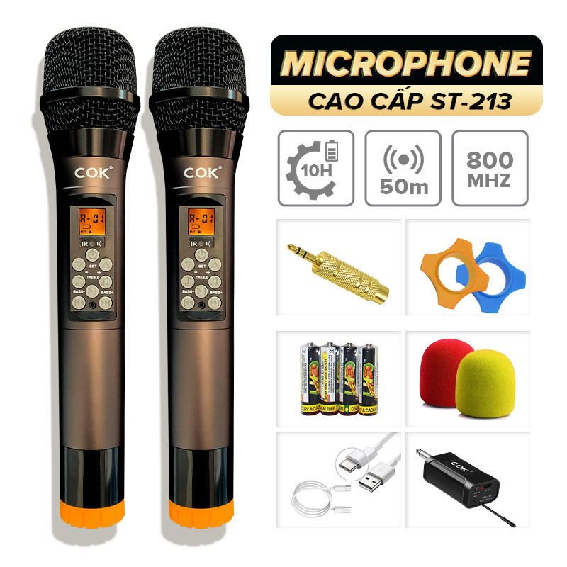 Micro không dây cao cấp C.O.K ST-213 (2 Mic), Dành cho loa kéo &amp; dàn âm ly, Jack 6.5, bắt âm tốt - Hàng chính hãng 100%