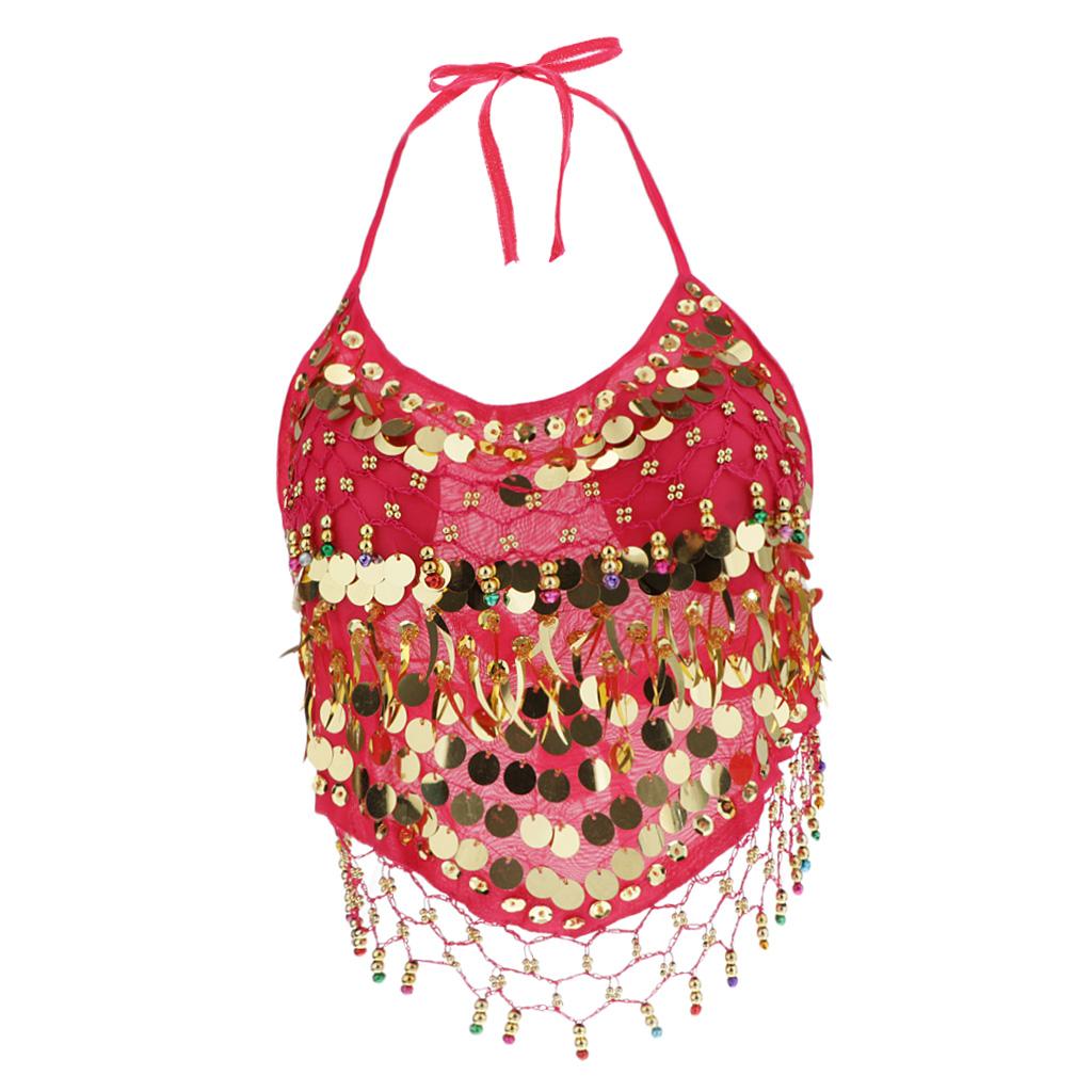 Belly Dance Beaded Bra Sequins Tassel Dancing Singer Costume Red