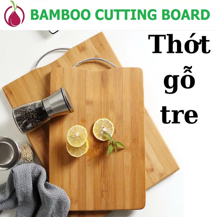 Thớt gỗ tre tự nhiên chữ nhật 3 lớp dày Kháng chuẩn nấm mốc, có quay treo Inox phong cách vintage, decor nhà bếp Hàng chính hãng Bamboo cutting
