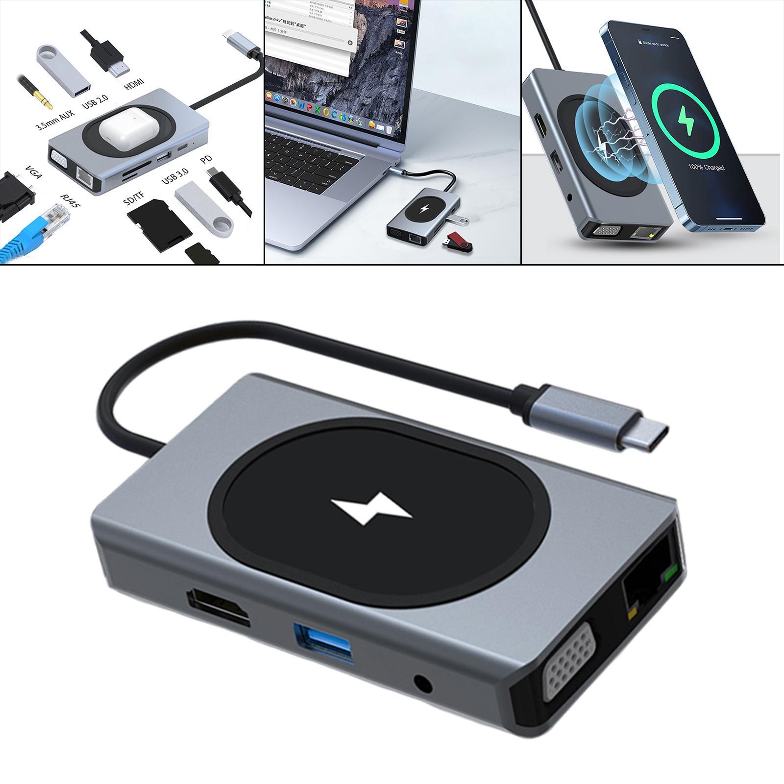 USB C Docking Station USB3.0 USB 2.0 HDMI Adapter 100W PD SD/TF Card Reader 3.5mm Audio Wireless Charging Stand Fast Charging