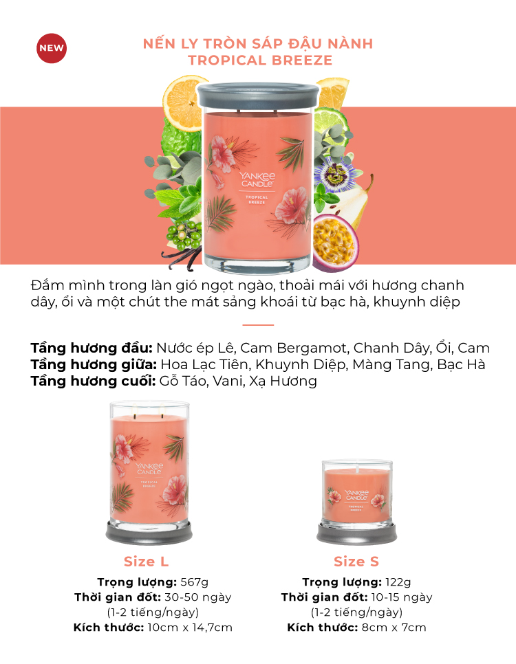Nến ly tròn sáp đậu nành Yankee Candle size S - Tropical Breeze