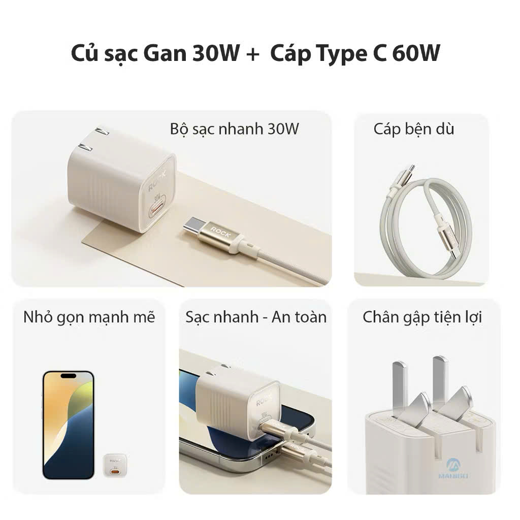 Bộ sạc nhanh type-c cho ip15 ROCK Ice²Cube sạc nhanh 30W - Hàng chính hãng Rockspace bảo hành 12 tháng
