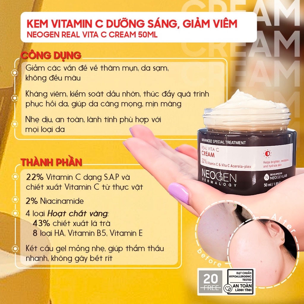 Kem Dưỡng Vitamin C Giảm Thâm Dưỡng Sáng Da Neogen Real Vita C Cream 50ml