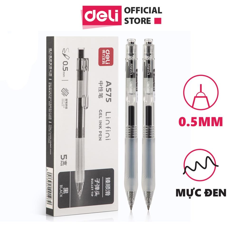 Bút bi gel bấm văn phòng Deli mực đen ngòi 0.5mm học sinh mực đều nét chữ đẹp A575 - có ruột xanh thay thế - 1 chiếc