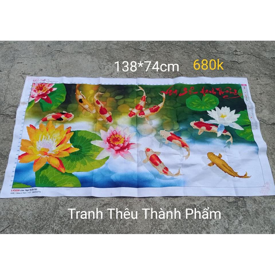 (Đã Thêu) Tranh Thêu Chữ Thập Cửu Ngư Quần Hội Cá Chép Hoa Sen 3D