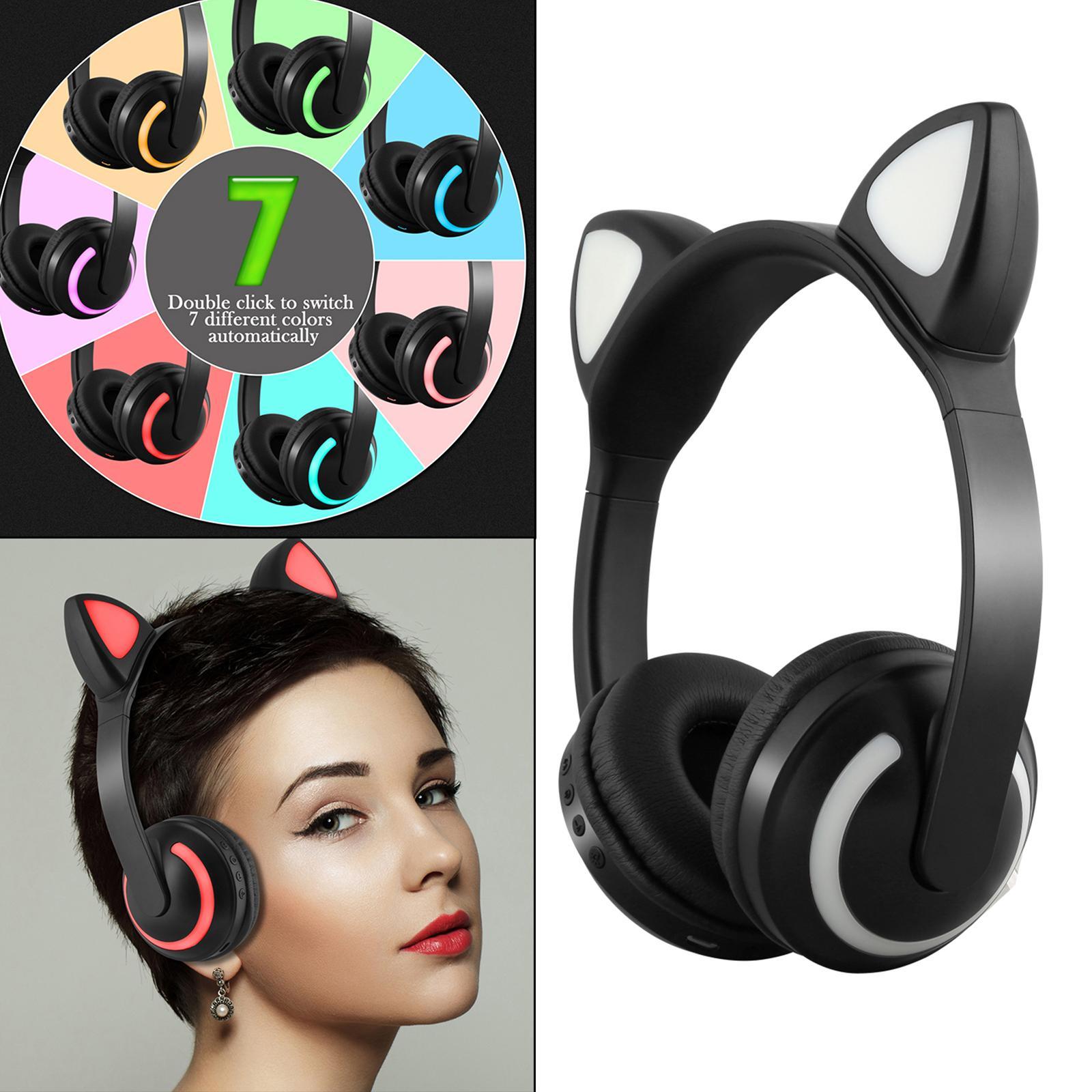 Kids Glowing Cute Cat Ear Wireless Headphones On-Ear Gamer Headsets Black