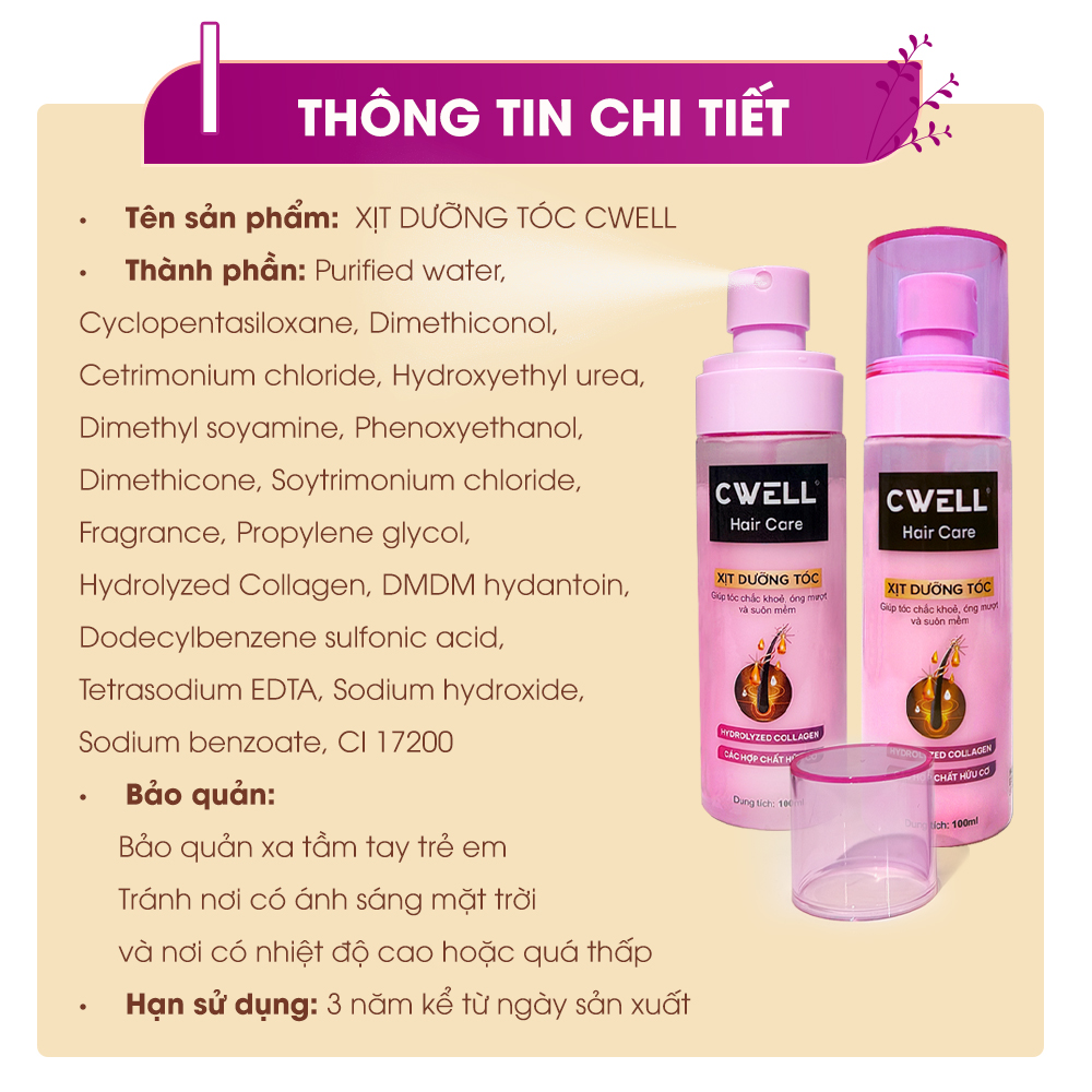 Xịt dưỡng tóc Collagen, phục hồi sâu tóc hư tổn do uốn duỗi nhuộm, dưỡng tóc mượt suôn mềm CWELL 100ml - Hàng chính hãng