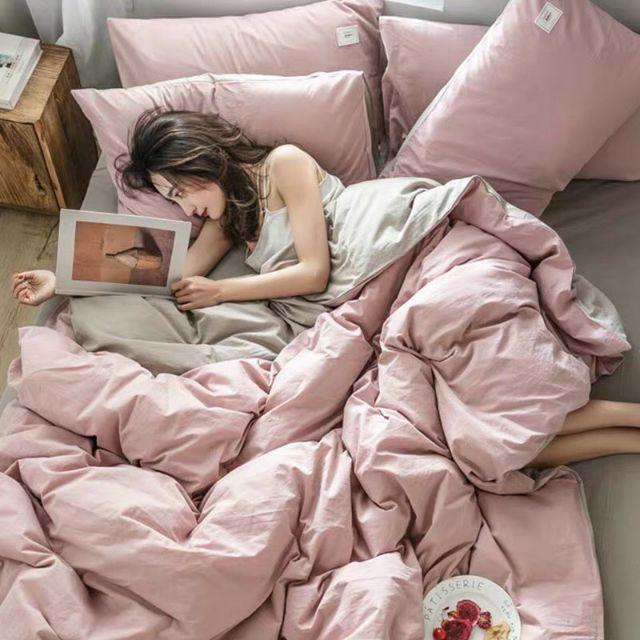 Bộ Chăn Ga Gối Cotton Tici Hồng Be Cao Cấp
