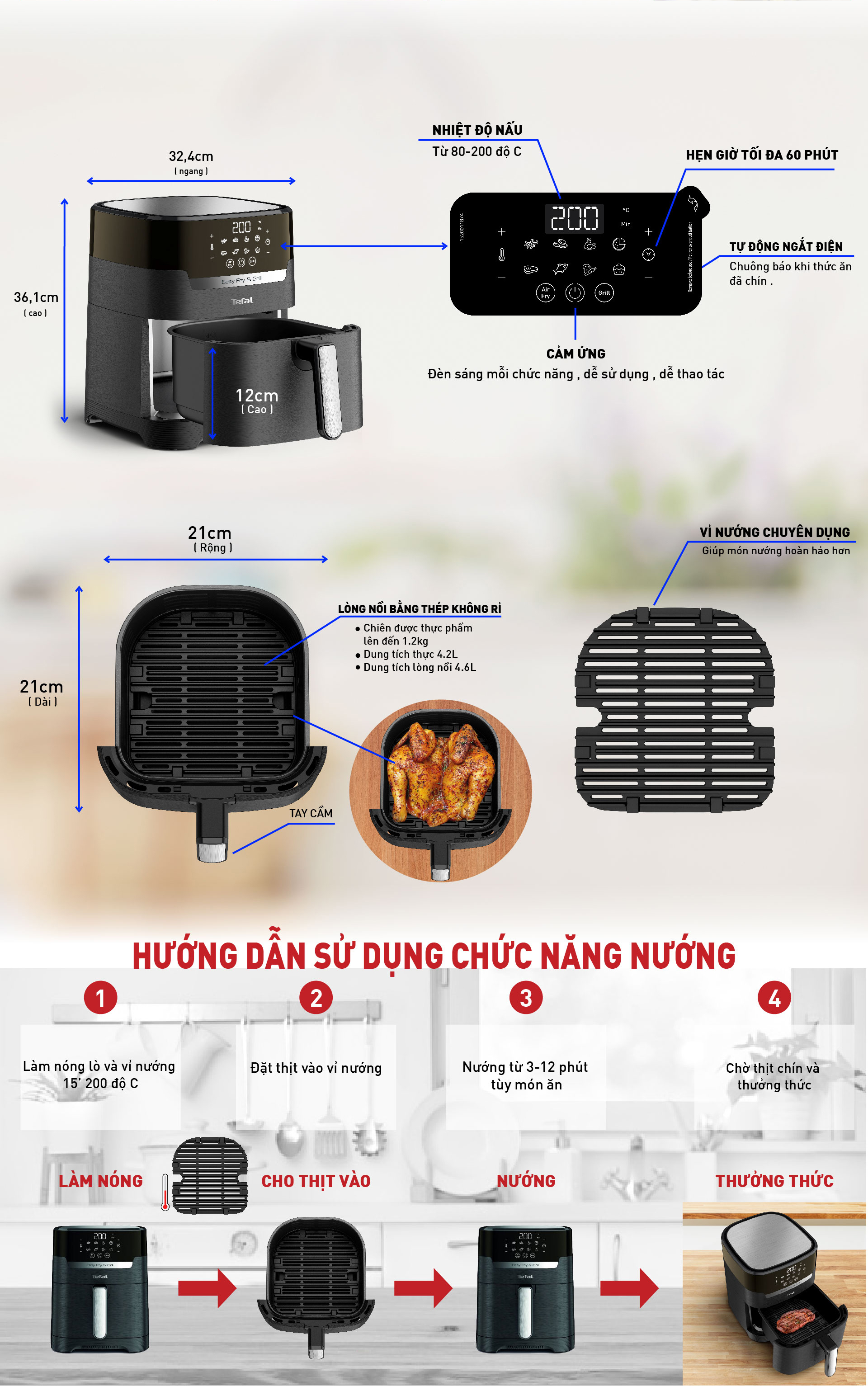 Nồi chiên, nướng không dầu điện tử Tefal 2 trong 1 EY505815, Dung tích lòng nồi 4.6L / sử dụng 4.2L /1.2kg- Hàng chính hãng