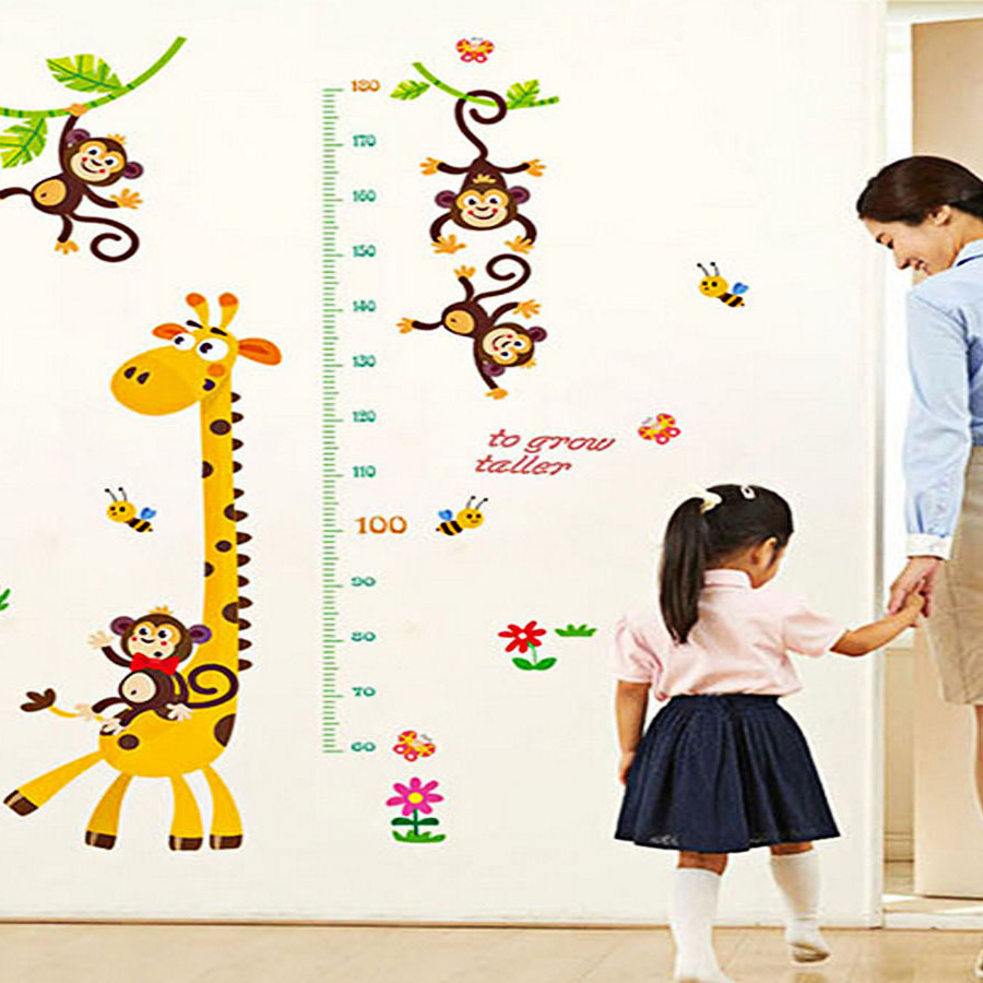 decal dán tường cho bé thước đo chiều cao ngộ nghĩnh hươu cao cổ và khỉ sk9292