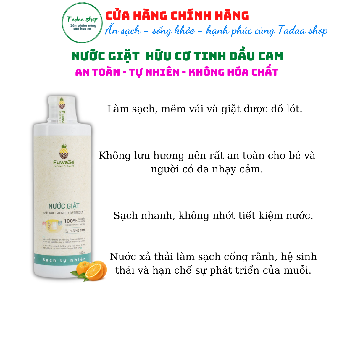 Nước giặt hữu cơ Organic Fuwa3e hương cam sạch nhanh tiết kiệm nước, không hại da tay chai 500ml