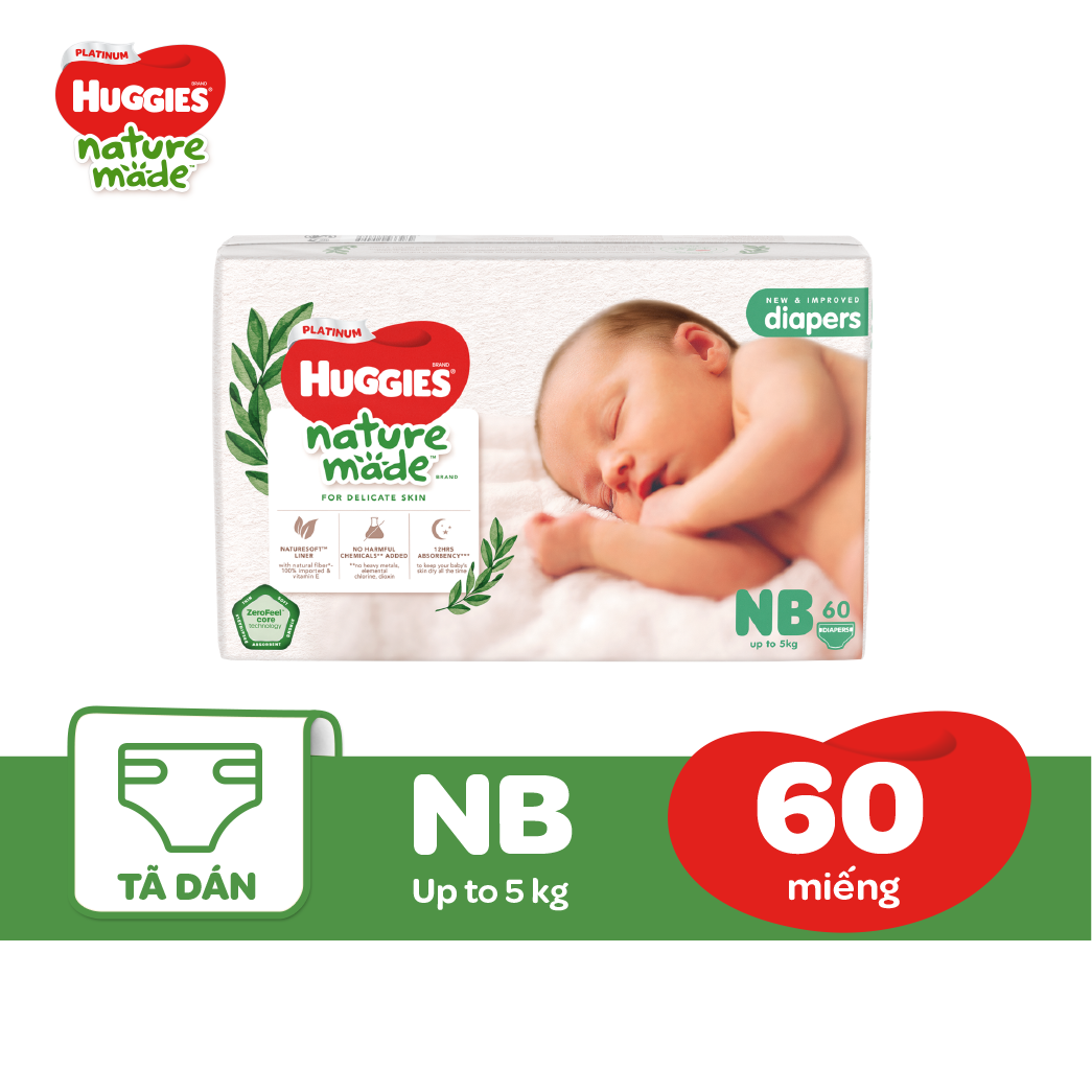 Tã Dán Siêu Cao Cấp Huggies Platinum Naturemade NB60 (60 Miếng)