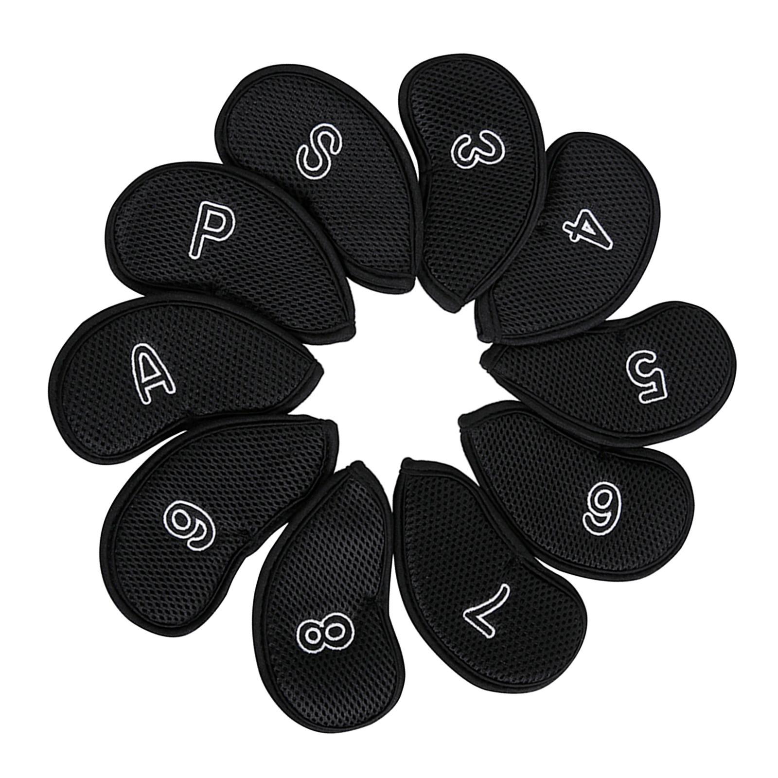 10Pcs/Pack Meshy Golf Iron Head Covers Fit Most Irons Embroidered Black