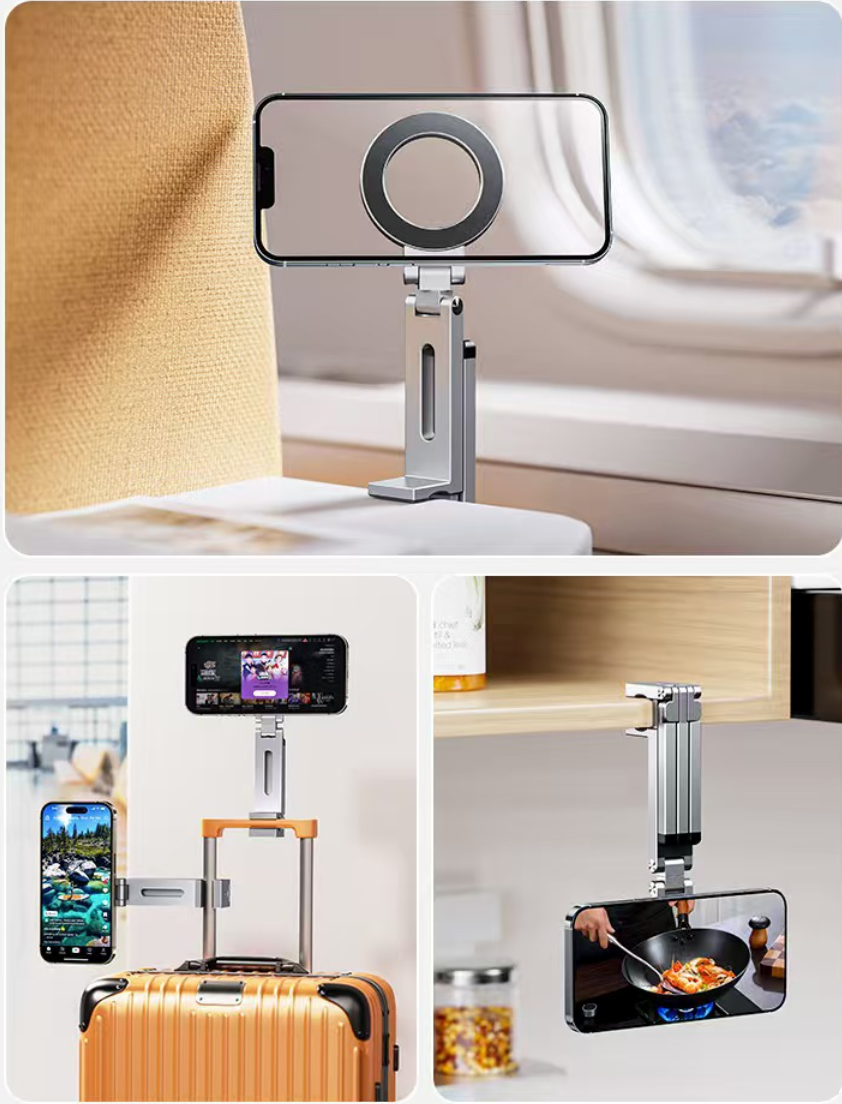 Giá đỡ kệ đỡ điện thoại từ tính gập xoay 360 độ để bàn, kẹp thành bàn, ô tô, máy bay livestream, selfile tự sướng - Hàng chính hãng