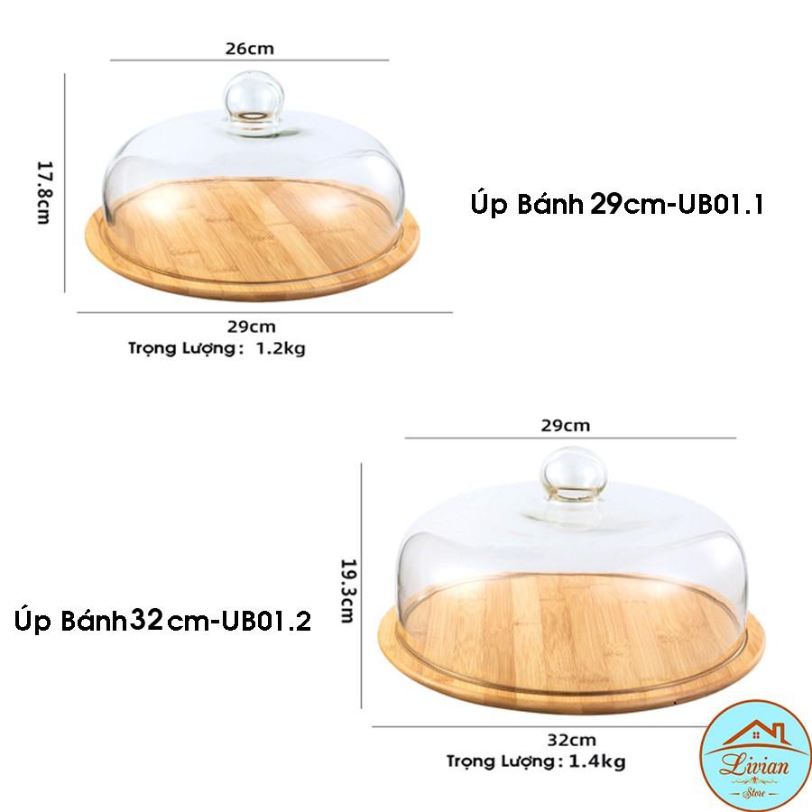 Úp bánh thủy tinh kèm khay gỗ tre 29cm, 32cm