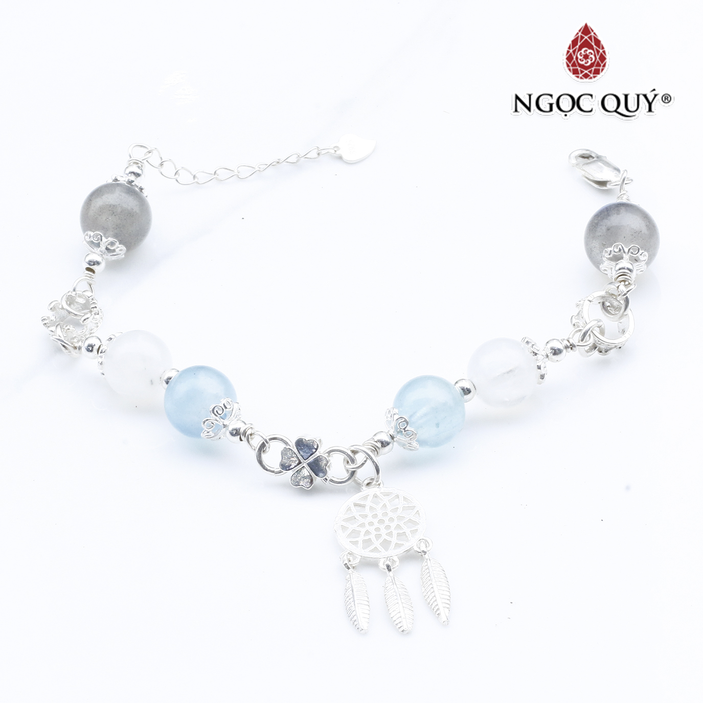 Vòng lắc bạc phối charm aquamarine và thạch anh trắng mệnh thủy, mộc - Ngọc Quý Gemstones