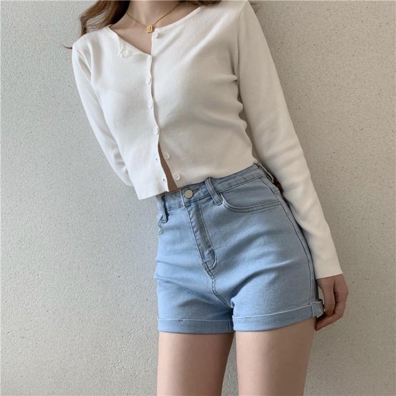 Quần short Jeans cạp cao co dãn phong cách Hàn Quốc