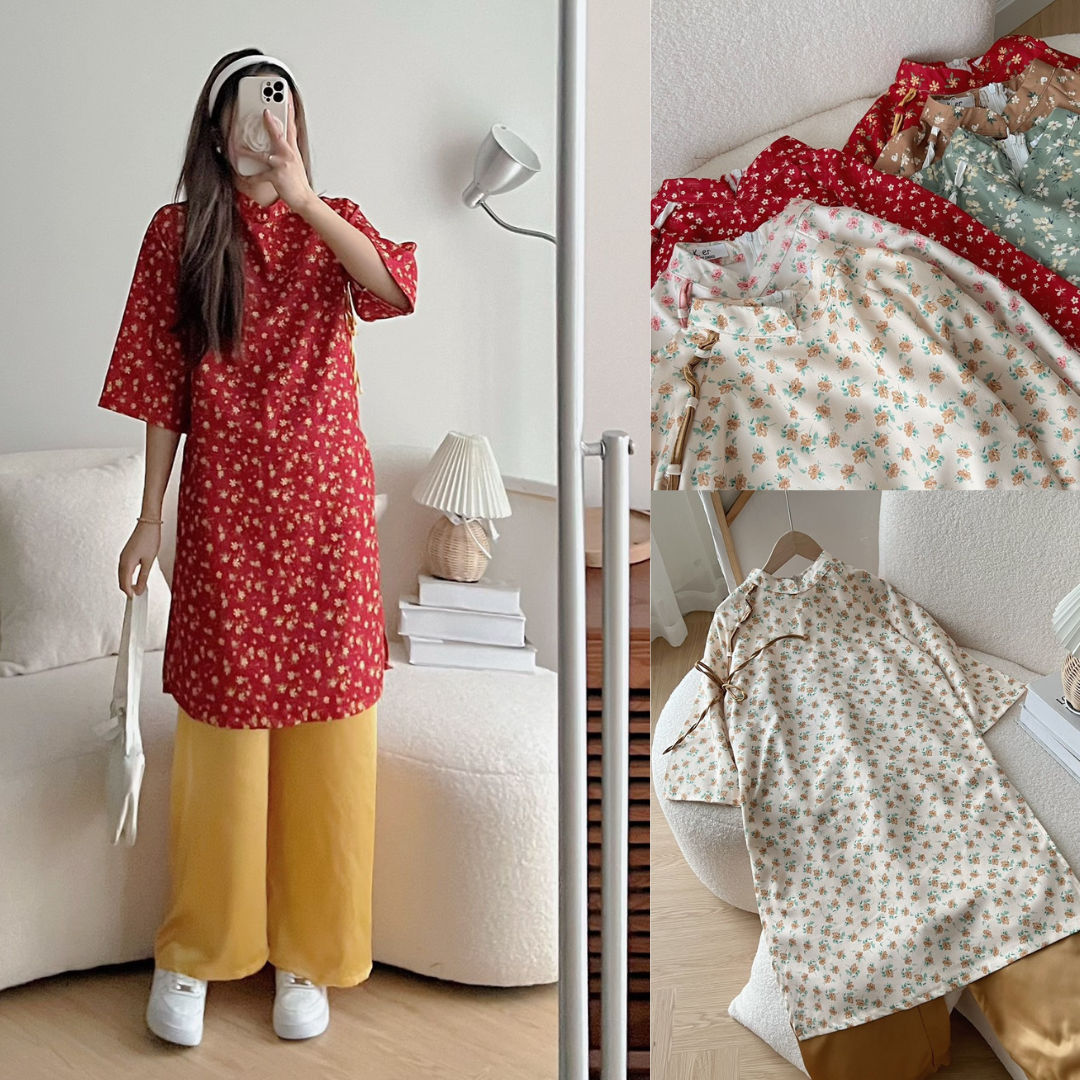 Set áo dài cách tân tay lửng hoa nhí kèm quần chất nhung tăm dễ thương freesize dưới 52kg (set màu đỏ quần vàng)