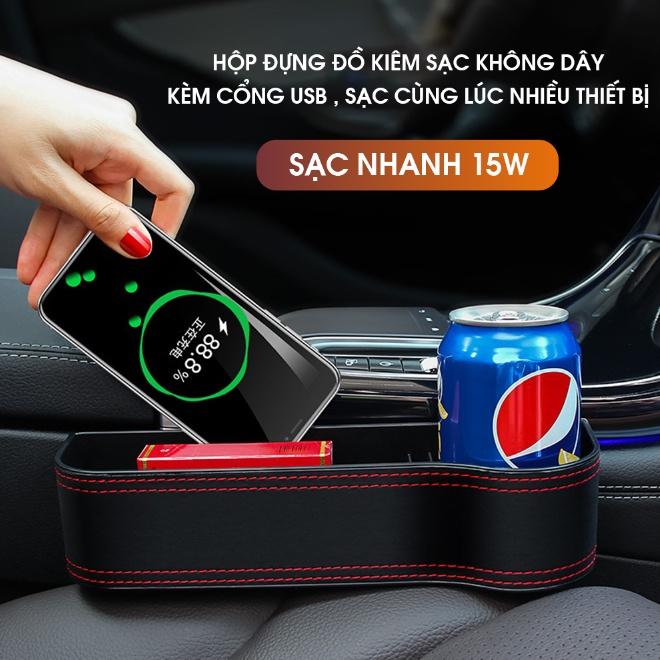 Khay đựng đồ khe ghế ô tô, chứa đồ đa năng cài ghế bọc da cao cấp ghế lái và ghế phụ,có sạc nhanh