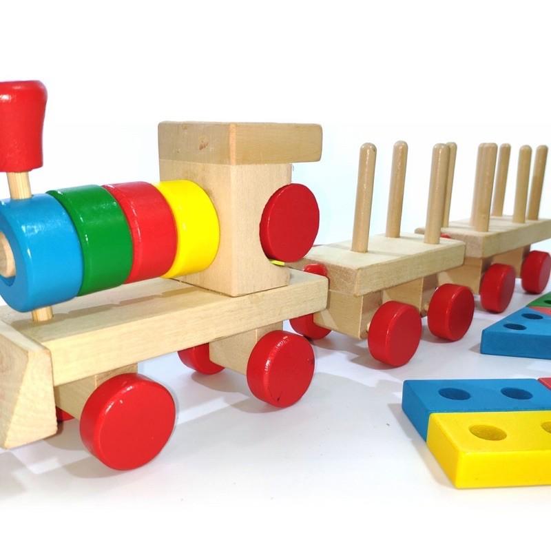 Tàu lửa 3 toa thả hình khối - Đồ chơi gỗ thông minh