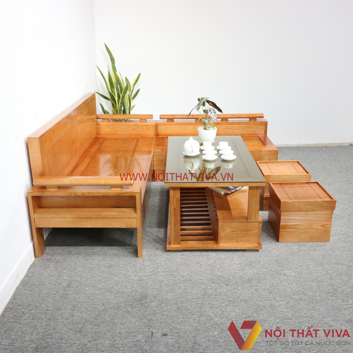 Bộ Sofa Phòng Khách Gỗ Sồi Góc L Đẹp Giá Rẻ
