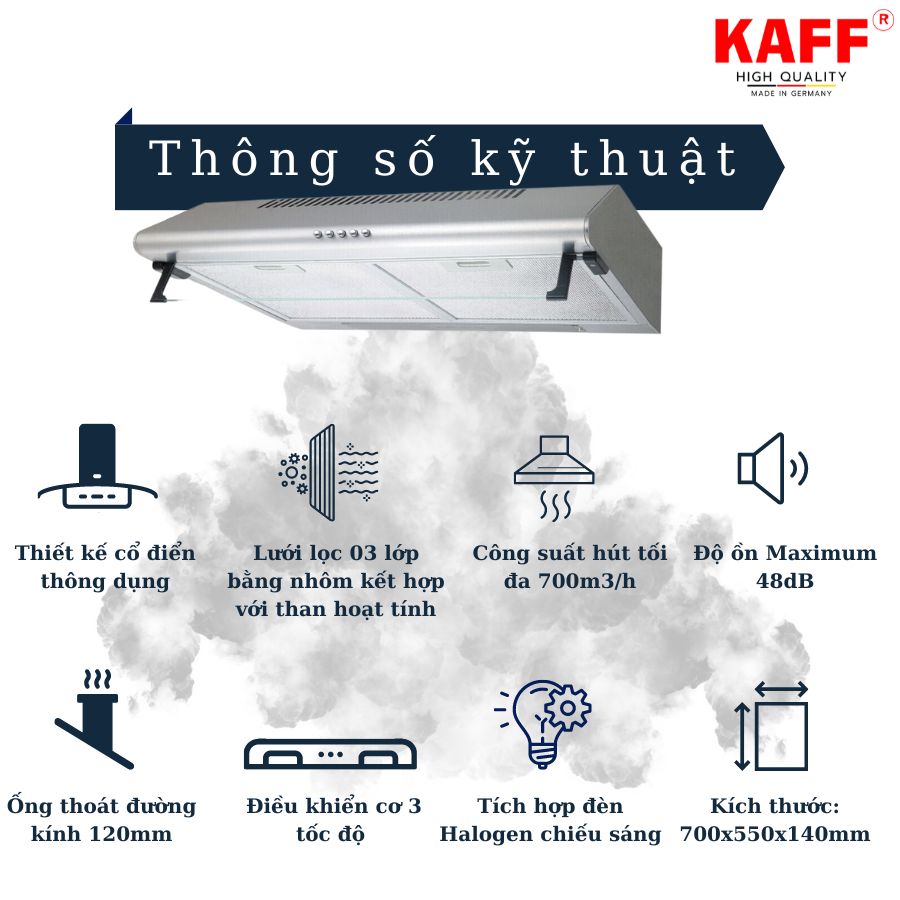 Máy hút mùi cổ điển màu bạc 700mm KAFF KF_70I Tặng bộ lọc than thay thế _ Hàng Chính Hãng