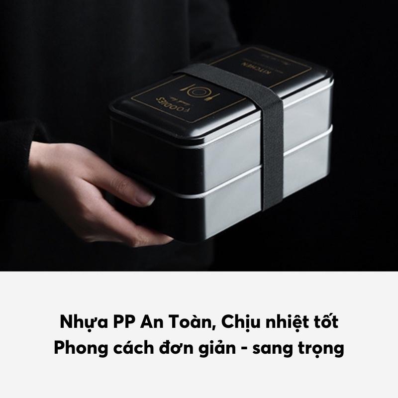 Bộ 3 Sản Phẩm Hộp Cơm Trưa 2 Tầng Cốc Đựng Canh Và Túi Giữ Nhiệt Màu Đen Phong Cách Bắc Âu Siêu Đẹp