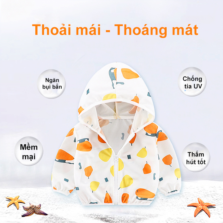 Áo khoác cho bé, áo nắng cho bé cao cấp chất thun sợi tre loại 1 nhẹ mát thoáng khí chống tia UV màu sắc tươi vui kèm mũ trùm rộng – AK023